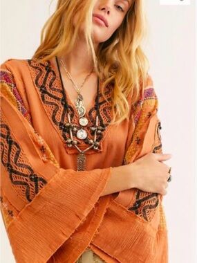 Free People Boho Embroidered V-Neck Women’s Top in Burnt Orange